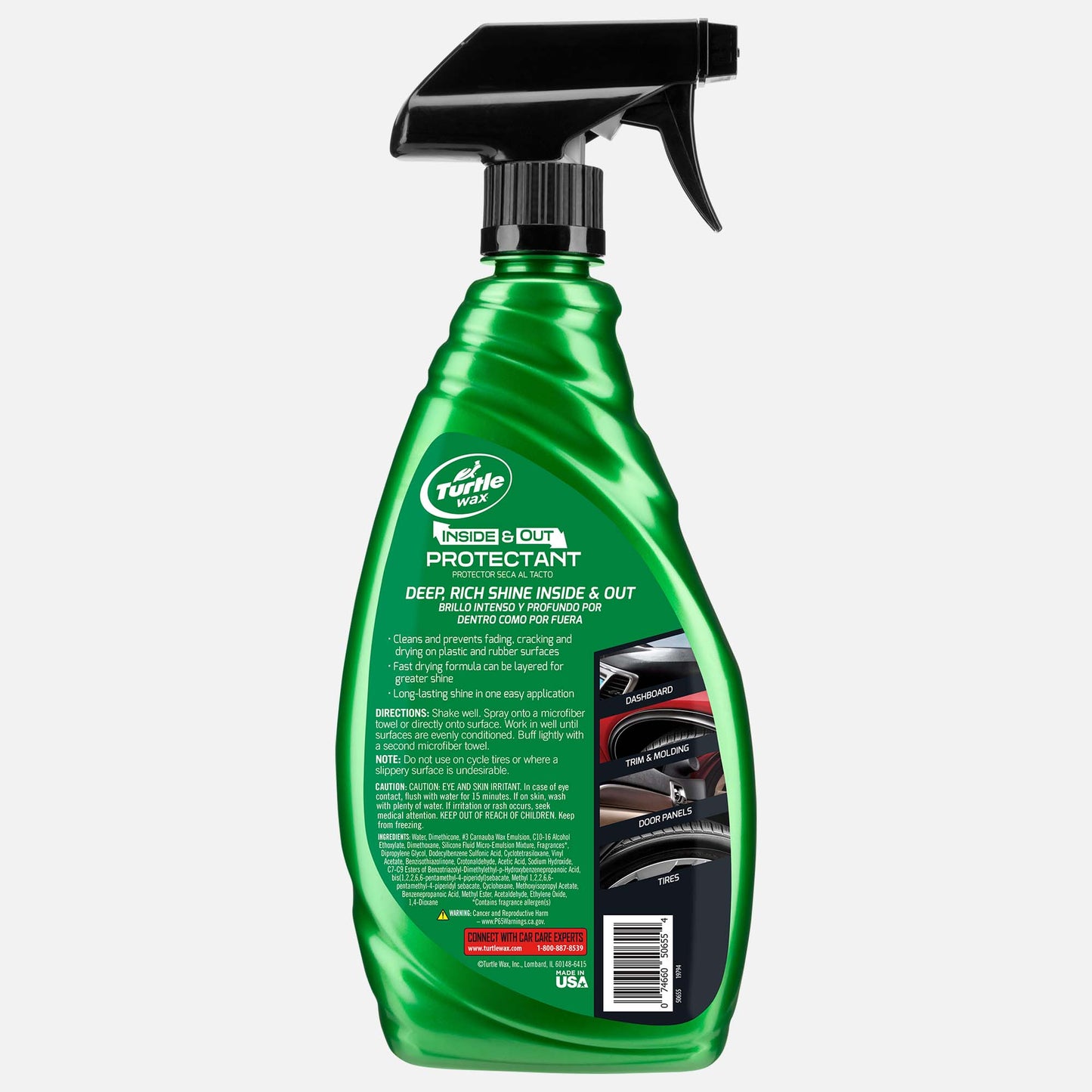 Turtle Wax Inside & Out protectant for cars. For dashboard, tyres, trim and doors. Gives deep shine to vehicle surfaces.