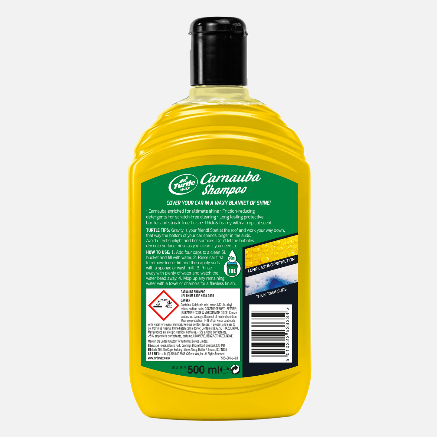 Turtle Wax carnauba enriched 500ml shampoo for ultimate shine. Indian car washing for long lasting protection. Streak free finish.