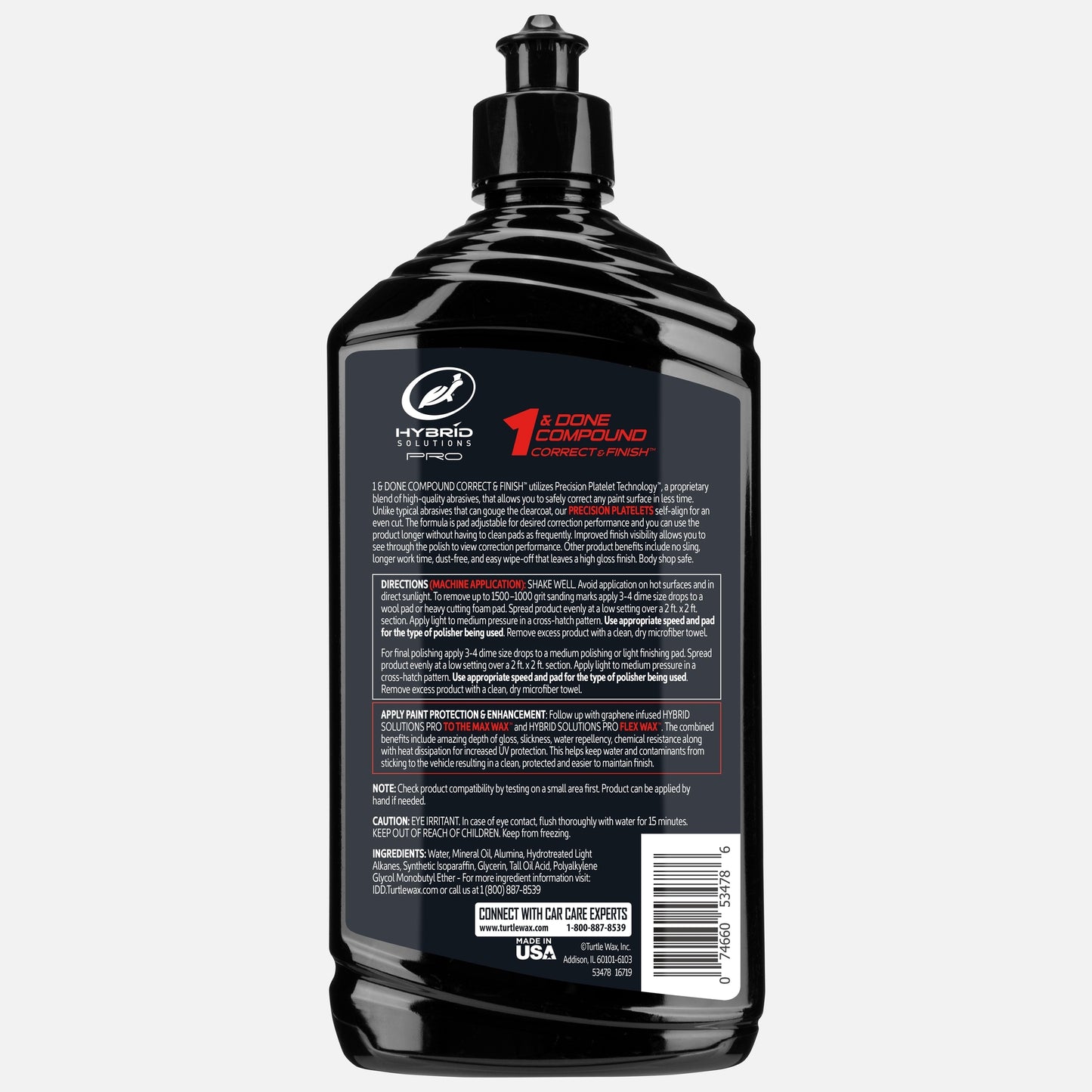 Turtle Wax Hybrid Solutions Pro 1 & Done Compound Correct & Finish™ 473ml bottle. Car detailing, paint correction. Auto care product.