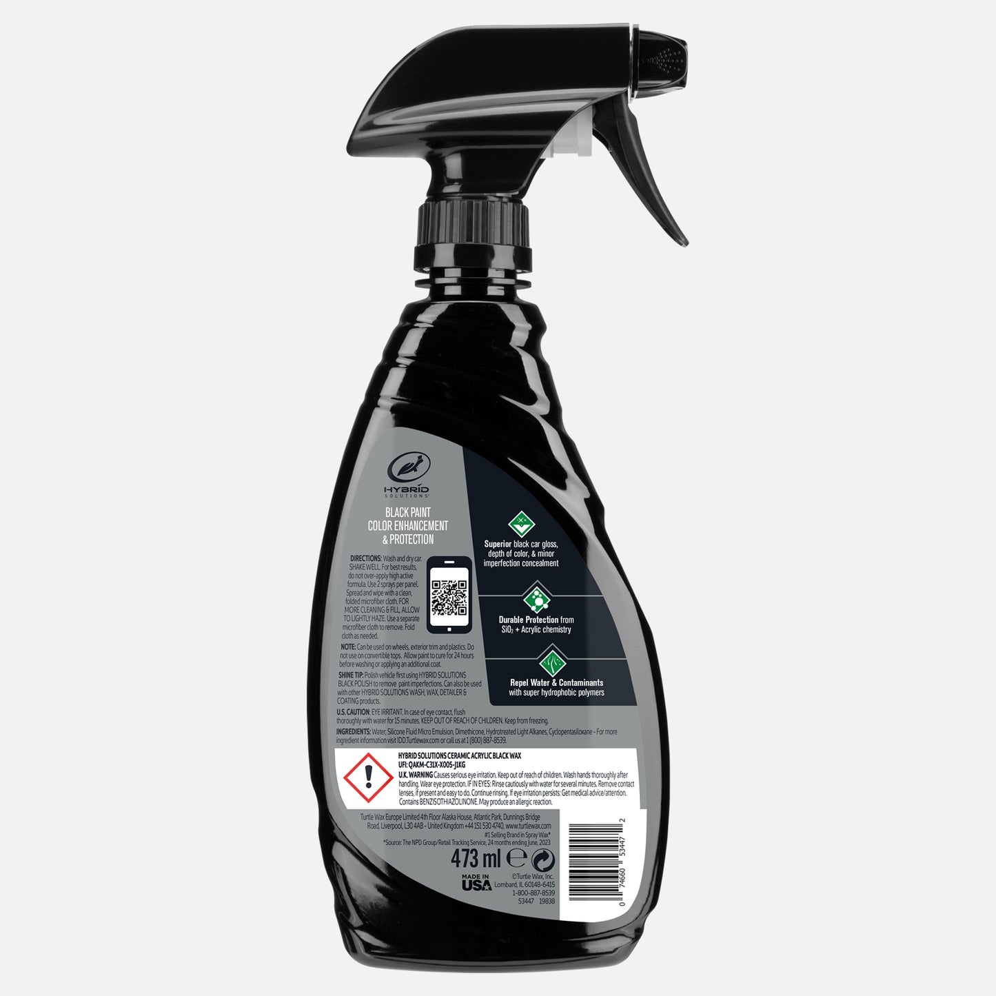 Turtle Wax Hybrid Solutions Ceramic Acrylic Black Wax enhances car paint, provides gloss and protection. 473ml spray bottle. Made in USA.