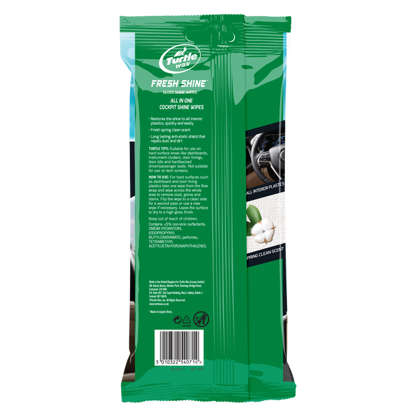 Turtle Wax Fresh Shine wipes for car interiors. Easy to use on dashboards, door panels, and hard surfaces for a sparkling, dust-free finish.
