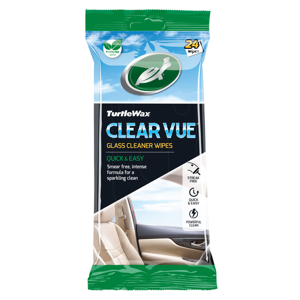 Turtle Wax CLEAR VUE Glass Cleaner Wipes for streak-free car window cleaning. Quick & easy to use with 24 wipes. Plastic-free.
