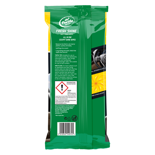 Turtle Wax Fresh Shine wipes for car interior plastics. All-in-one solution with a citrus scent. Made in UK. #carcare #turtlewaxindia