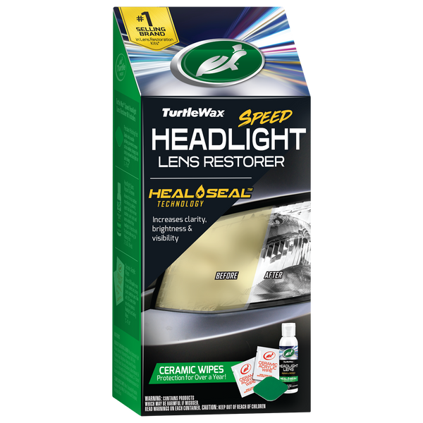 Turtle Wax headlight lens restorer for improved visibility. Restores clarity & brightness. Ceramic wipes give protection. Car care product. Turtle Wax headlight lens restorer for improved visibility. Restores clarity & brightness. Ceramic wipes give protection. Car care product.