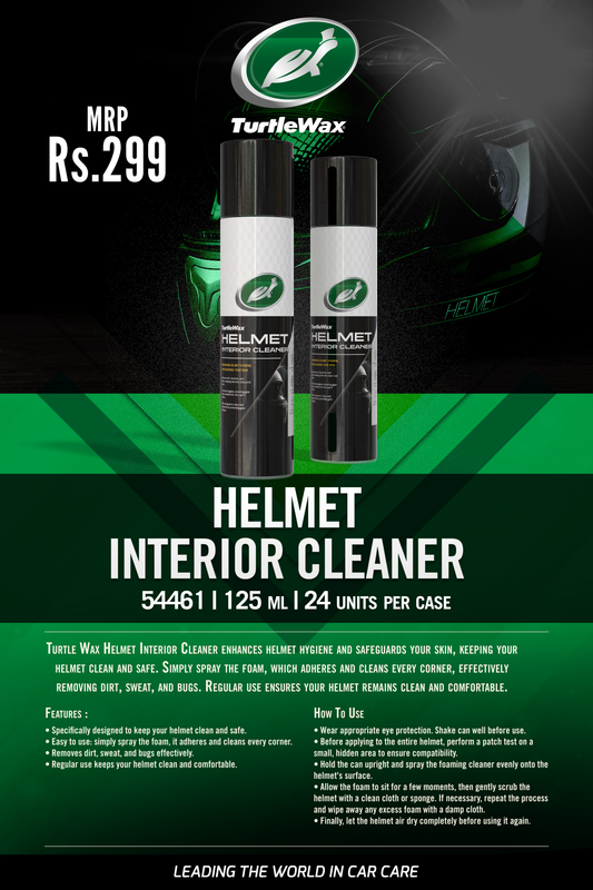 Turtle Wax Helmet Interior Cleaner for helmet hygiene. Remove dirt, sweat, and bugs effectively. MRP ₹299. Made in India.