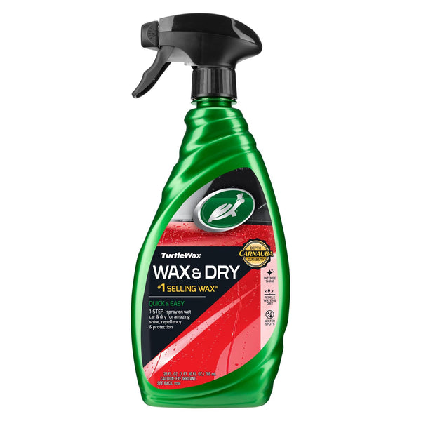 Turtle Wax Wax & Dry, 769ml, spray bottle. Quick car shine, water repellent, and carnauba wax protection for Indian cars. Turtle Wax Wax & Dry, 769ml, spray bottle. Quick car shine, water repellent, and carnauba wax protection for Indian cars.