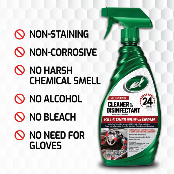 Turtle Wax Multi-Purpose Cleaner & Disinfectant. Kills 99.9% germs. Sanitizes 24 hours. Removes stains, odors, non-alcohol, India.