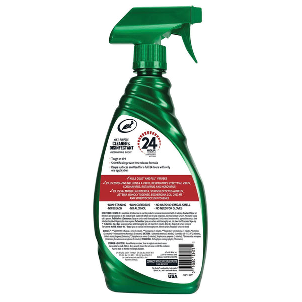 Turtle Wax Disinfectant Spray. Kills germs & viruses. 24 hour sanitization. No bleach, harsh chemicals or gloves needed. Fresh citrus. Made in USA.