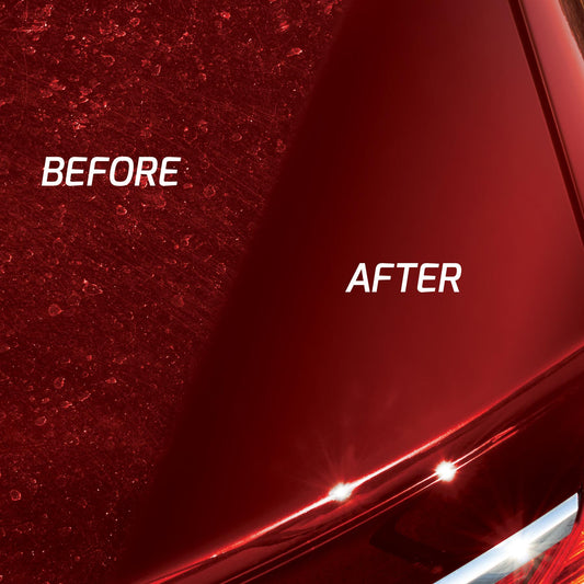 Turtle Wax: Before and after scratches removal shown on a car's red paint.