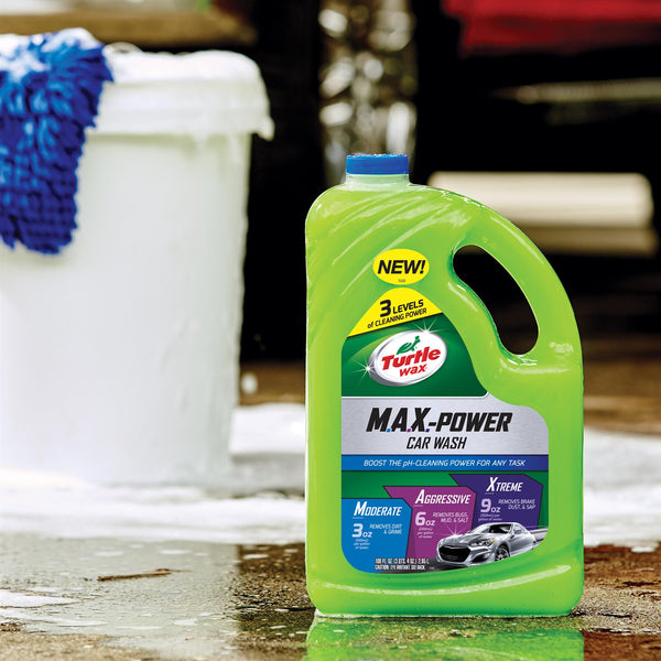 Turtle Wax MAX Power Car Wash, 2.95L, offers 3 cleaning levels. Removes dirt, bugs, brake dust effectively. New! Car cleaning solution.