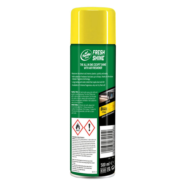 Turtle Wax Fresh Shine: All-in-one cockpit shine with citrus air freshener, 500ml. Interior plastic cleaner with anti-static shield. Buy in India.