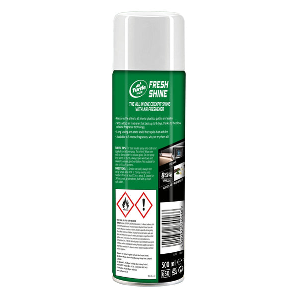 Turtle Wax Fresh Shine: Cockpit detailer & air freshener, vanilla scent. Cleans & protects car interiors up to 8 days. 500ml, anti-static, made in UK.