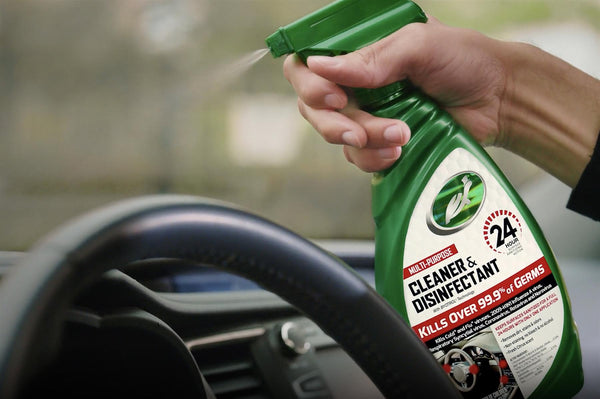 Turtle Wax multi-purpose cleaner & disinfectant spraying on a car dashboard. Kills germs & viruses. Surface sanitization. Available in India.