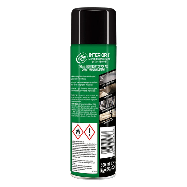 Here's a concise description for India, based on the image:
Turtle Wax Interior 1 cleaner. Car, घर(ghar) surfaces, upholstery साफ(saaf) करे. 500ml. दाग(daag) हटाए, आसान(asan) उपयोग.