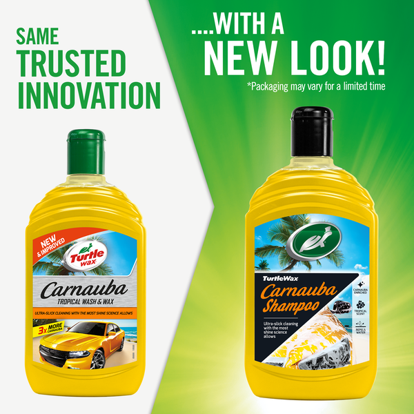 Turtle Wax Carnauba shampoo (500ml) for car wash. Tropical scent for a clean, shiny look. Water repelling formula. Available in India.