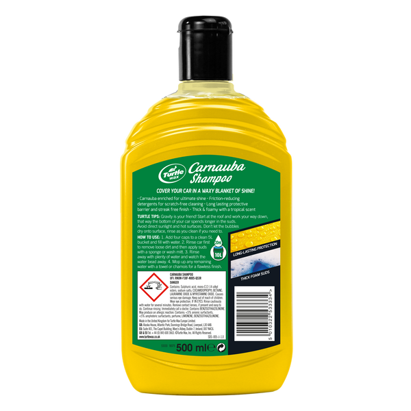 Turtle Wax carnauba enriched 500ml shampoo for ultimate shine. Indian car washing for long lasting protection. Streak free finish.
