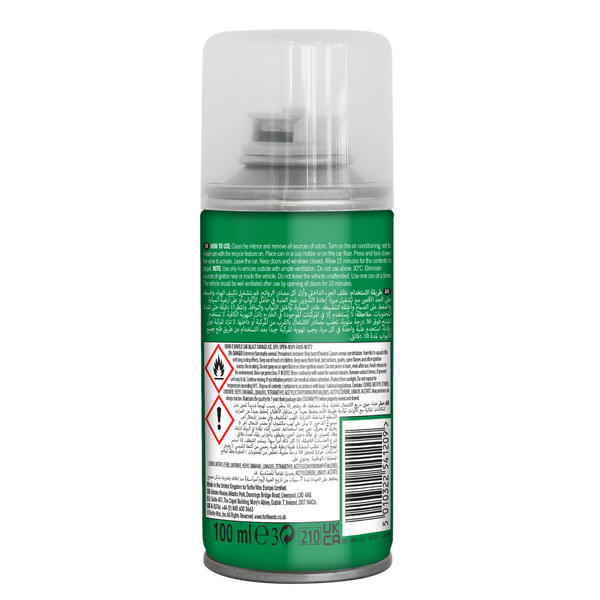 Car odor eliminator (Savage Ice scent), 100ml. Instructions in English & Arabic. Made for Turtle Wax Europe.