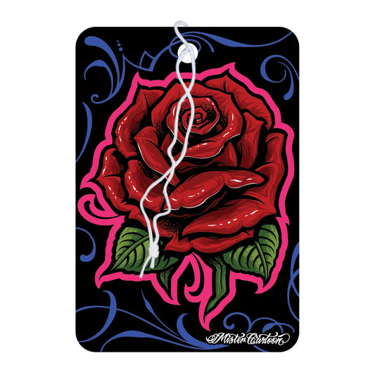 "So Fresh" fragrance card with red rose, leaves, & decorative swirls on black. Car accessory.
