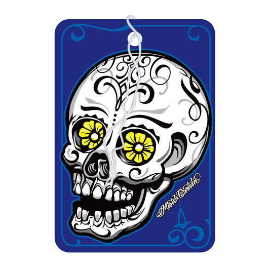 Midnight air freshener shows floral-eyed skull on a blue background, string to hang the product in vehicles, Indian autos.