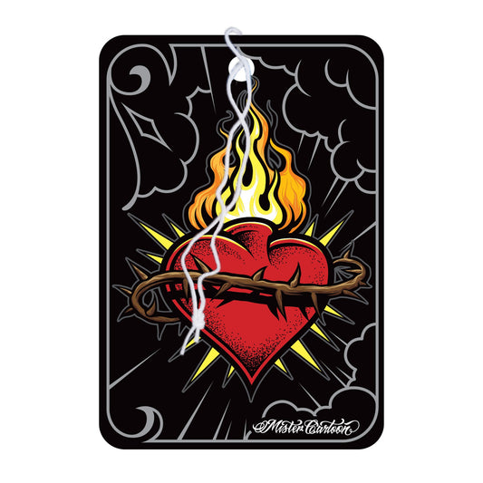Sacred heart air freshener. Red heart with thorns and flames. Mister Cartoon design. Indian car accessory.