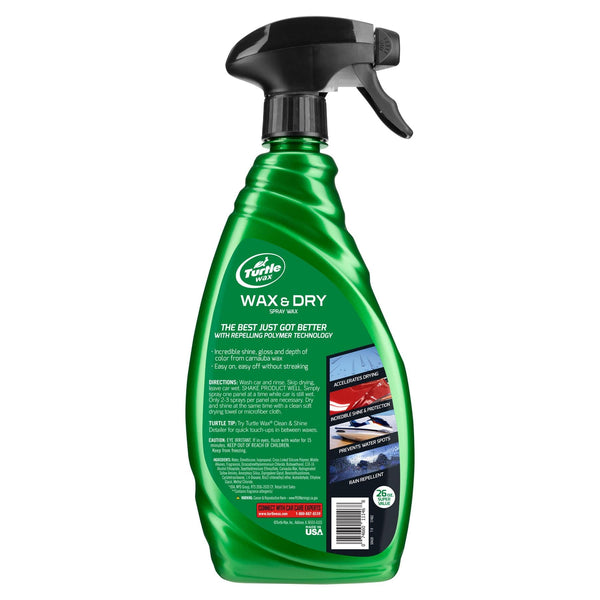 Turtle Wax Wax & Dry Spray Wax दिखा रहा है। त्वरित चमक और सुरक्षा के लिए, कार की देखभाल के लिए आदर्श। मेड इन USA.