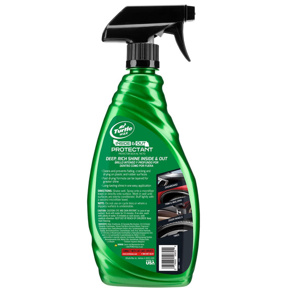 Turtle Wax Inside & Out protectant for cars. For dashboard, tyres, trim and doors. Gives deep shine to vehicle surfaces.
