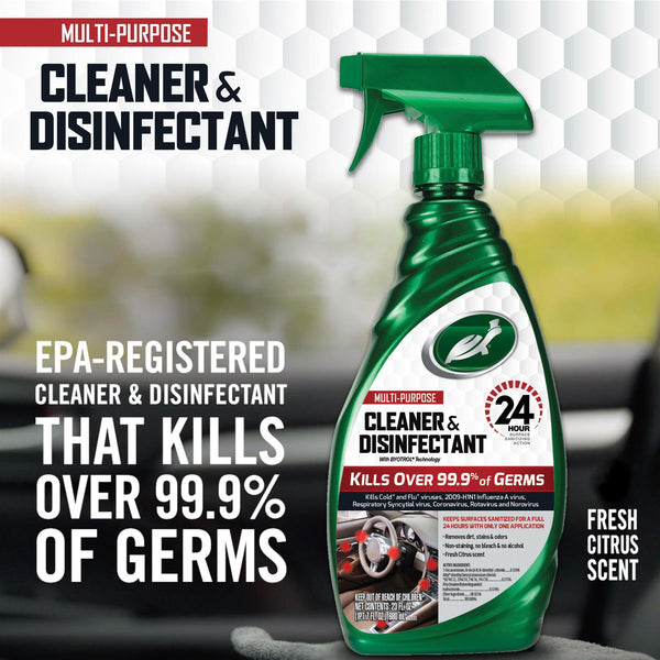 Turtle Wax Multi-Purpose Cleaner & Disinfectant, 680ml bottle. Kills 99.9% germs, 24-hour sanitization. Fresh Citrus scent. Made in India.
