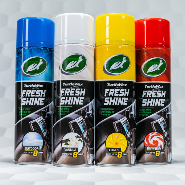 Turtle Wax Fresh Shine: Cockpit shine with 8-day air freshener. Available in citrus, strawberry, vanilla, & outdoor scents in India.