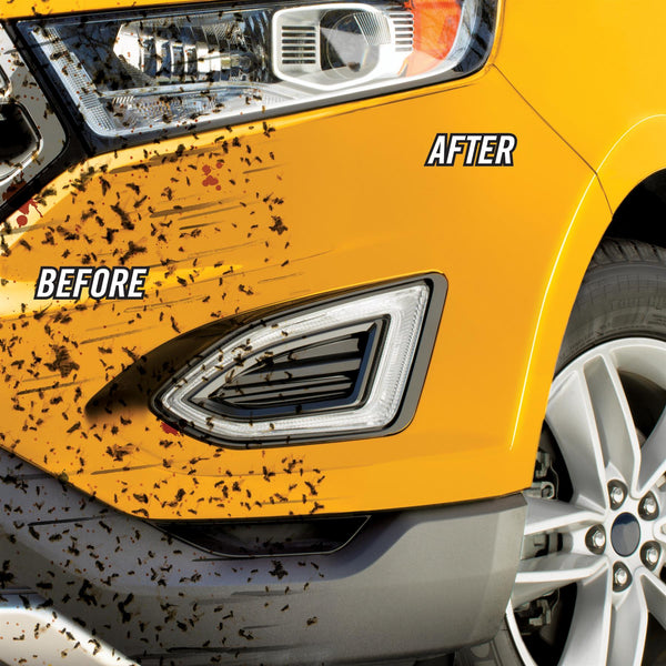 Yellow car front view shows before and after bug splatter removal. Turtle Wax.