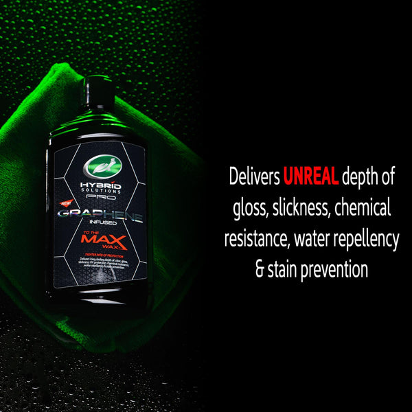 Turtle Wax Hybrid Solutions Pro Graphene Infused Max Wax bottle showing depth, gloss, slickness, chemical resistance, repellency.