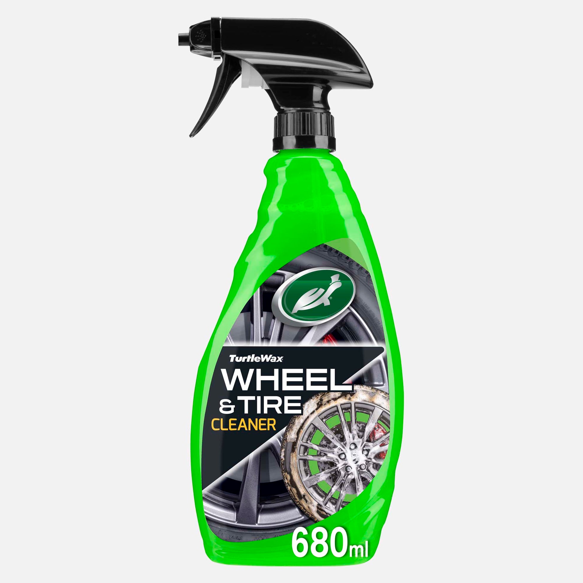Turtle Wax Wheel & Tire Cleaner, 680ml. Green bottle with spray nozzle. Removes road grime & brake dust. Car cleaning products India.