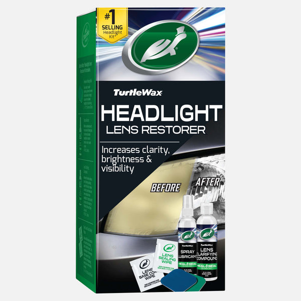 Turtle Wax headlight restoration kit improves clarity, brightness and visibility. Includes lens clarifying and sealing wipes for cars.