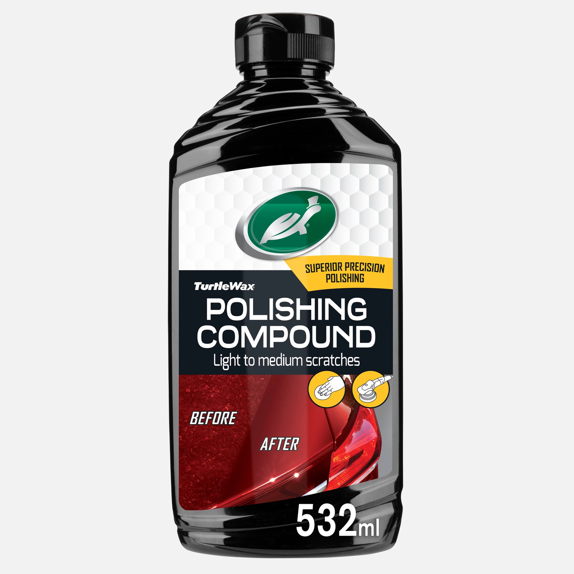 Turtle Wax polishing compound, 532ml. Removes light scratches, clean finish. Use by hand or machine. Car care in India.