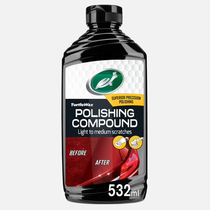 Turtle Wax polishing compound, 532ml. Removes light scratches, clean finish. Use by hand or machine. Car care in India.
