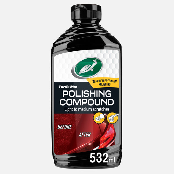 Turtle Wax polishing compound, 532ml. Removes light scratches, clean finish. Use by hand or machine. Car care in India.
