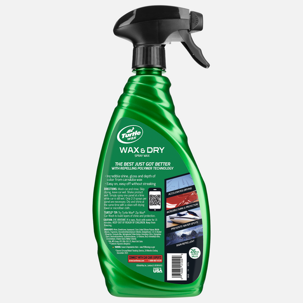 Turtle Wax Wax & Dry Spray Wax दिखा रहा है। त्वरित चमक और सुरक्षा के लिए, कार की देखभाल के लिए आदर्श। मेड इन USA.