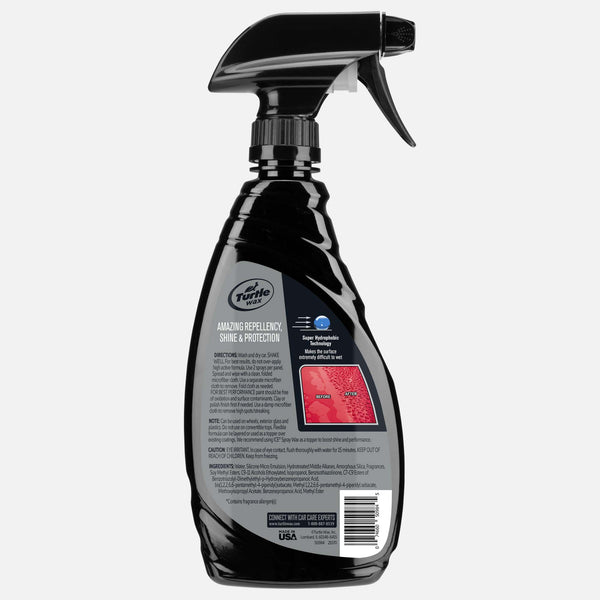 Turtle Wax spray for car shine. Hydrophobic tech for water repellency. Results in before and after images. Auto care made easy.