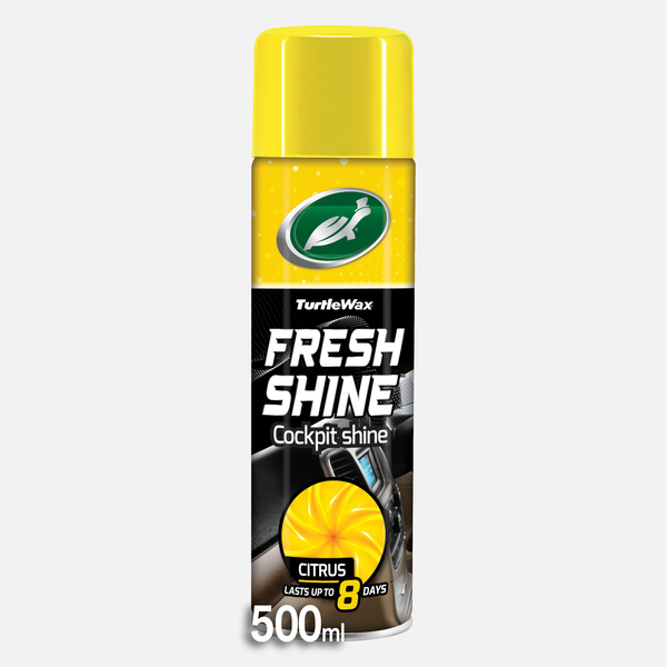 Turtle Wax Fresh Shine, citrus fragrance. Car cockpit shine with 8-day air freshener. For Indian car interiors.
