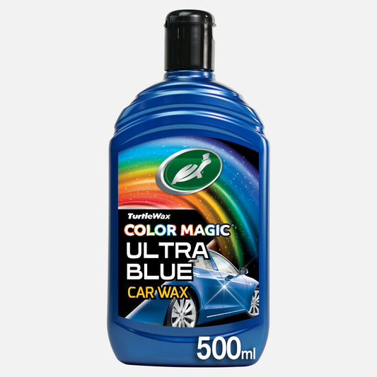 Turtle Wax Color Magic Ultra Blue car wax bottle. Depicts a shiny blue car. Automotive detailing item.