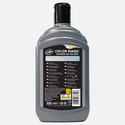 Turtle Wax Color Magic Shades of Silver car wax for silver vehicles. 500ml bottle shows usage instructions. Perfect for Indian cars.