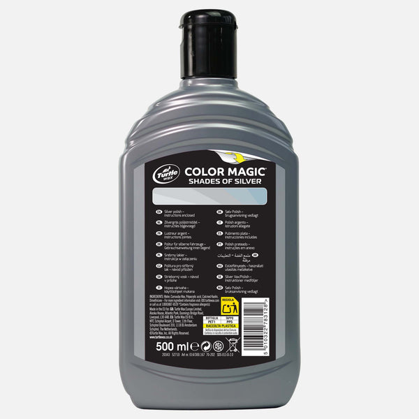 Turtle Wax Color Magic Shades of Silver car wax for silver vehicles. 500ml bottle shows usage instructions. Perfect for Indian cars.