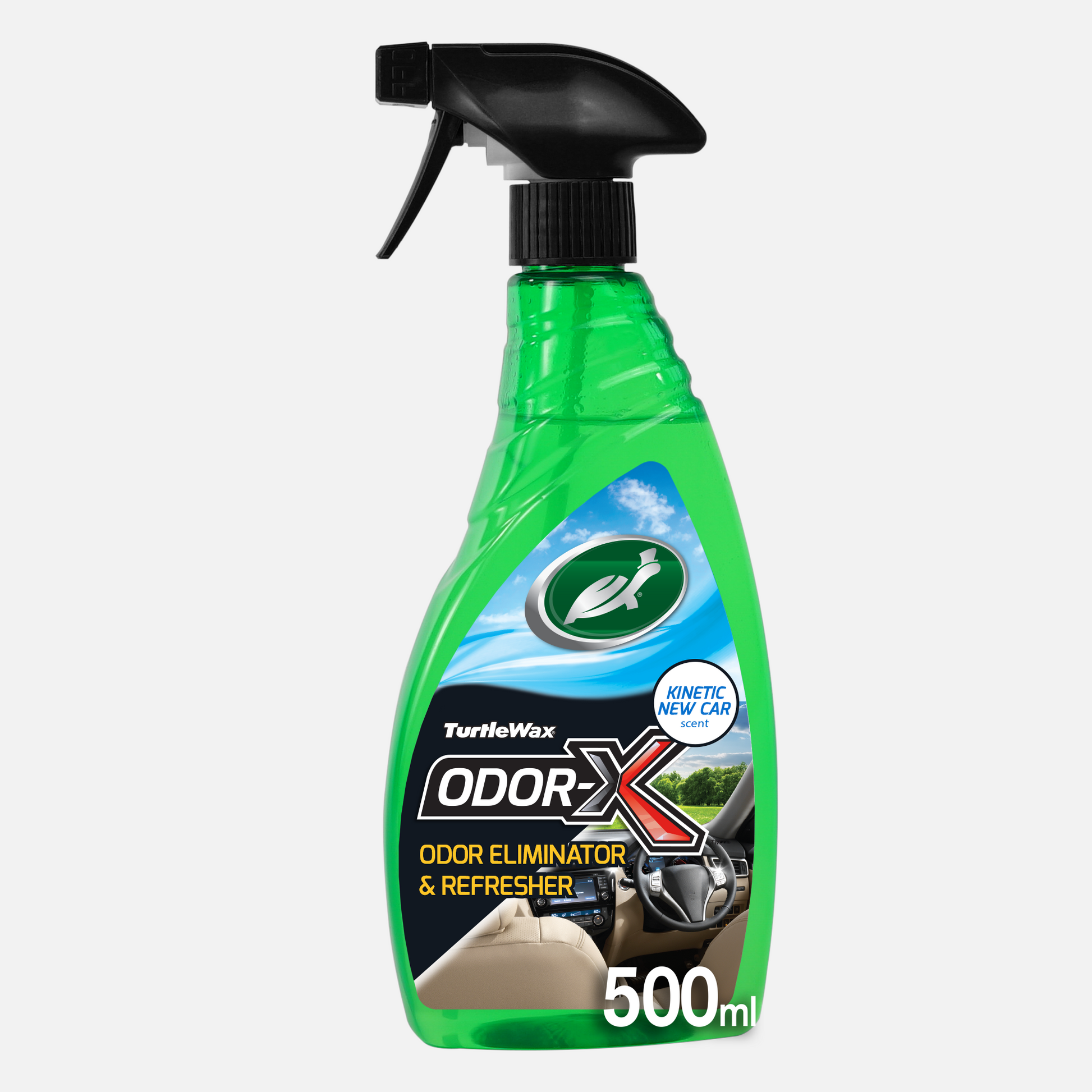 Turtle Wax ODOR-X car odor eliminator & refresher spray in a green 500ml bottle. Eliminates odors. Safe on all fabrics. Indian market.