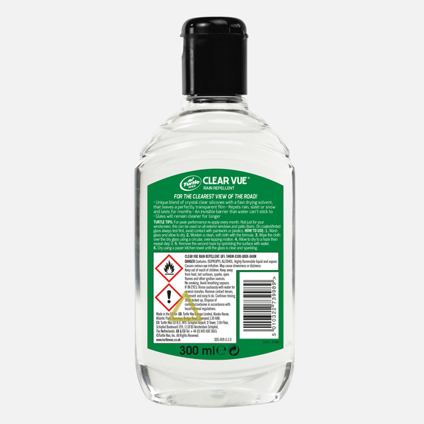 Turtle Wax CLEAR VUE Rain Repellent 300ml for car windshield. Enhance visibility during rain in India. Turtle icon on label.