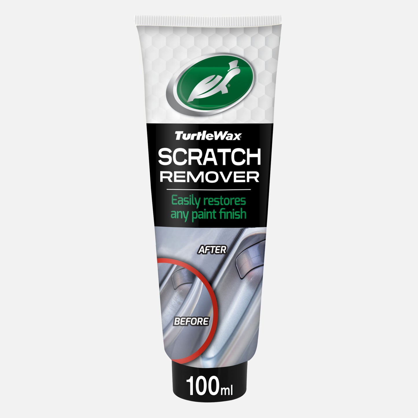 Turtle Wax Scratch Remover shows car paint correction, removing scratches. 100 ml tube for Indian cars.