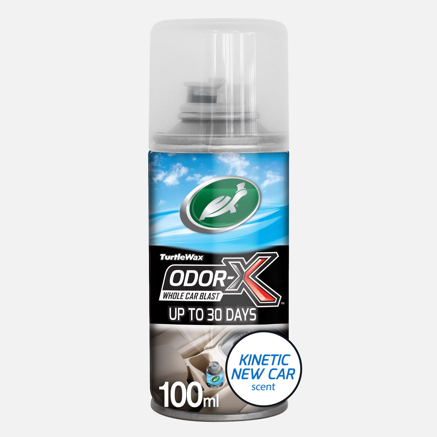 Turtle Wax car air freshener. Eliminates bad smells for up to 30 days. 100ml can with a running turtle logo.