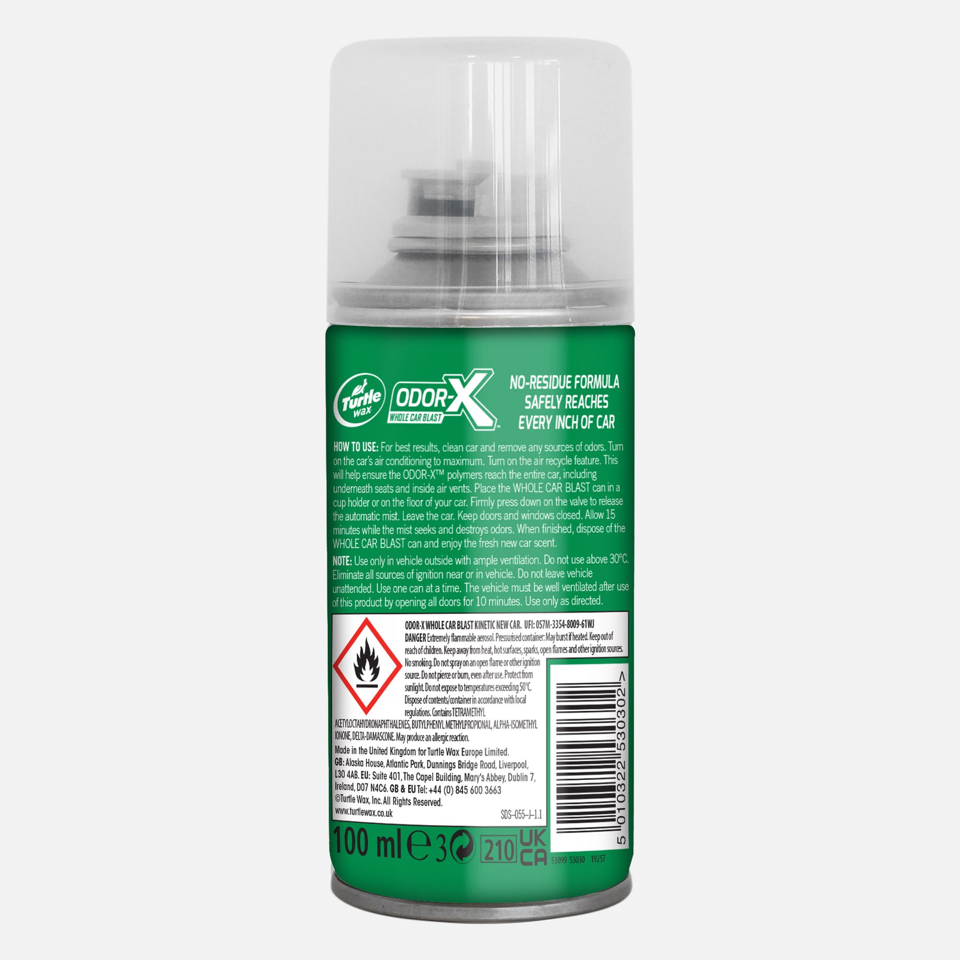 Turtle Wax Odor-X Whole Car Blast 100ml New Car scent. Car odor eliminator; removes smoke, pet, & food smells. Made in the UK.