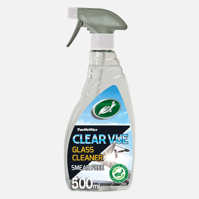 Turtle Wax Clear Vue Glass Cleaner 300ml bottle. Spray for streak-free car glass, interior, and mirrors. Quick, easy, and powerful clean.