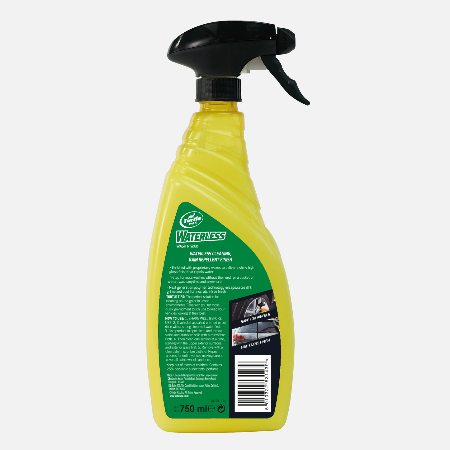 Turtle Wax Waterless Wash & Wax, 750ml. Car cleaner for waterless cleaning with rain repellent finish. For car detailing, made in the UK.
