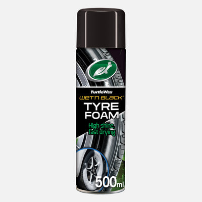 Turtle Wax Wet n Black Tyre Foam 500ml can. Cleans & shines tyres. Car care product for auto detailing in India.