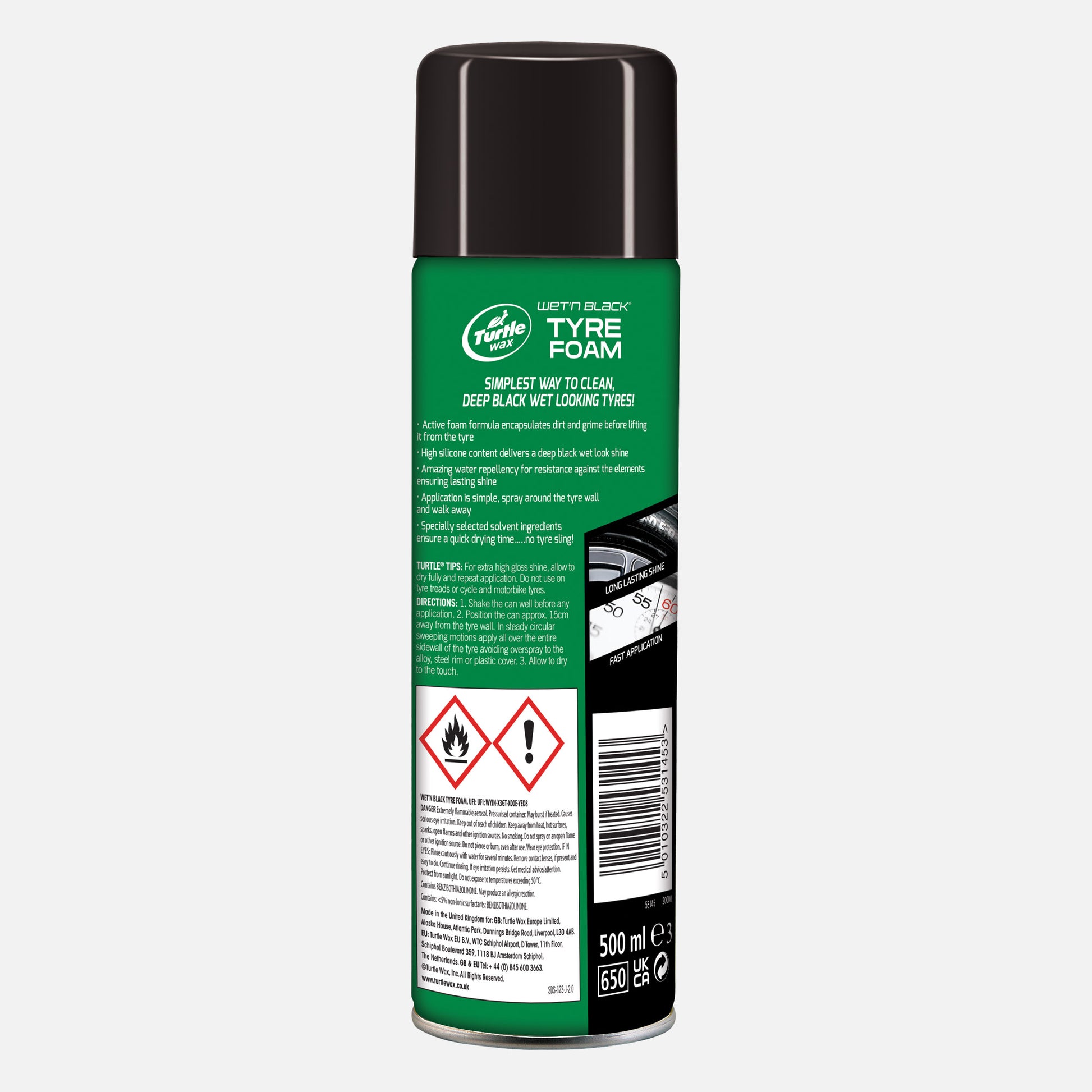 Turtle Wax Wet n Black Tyre Foam 500ml for deep, wet-looking tyre shine. Easy application, long-lasting, and water repellent. Car care in India.